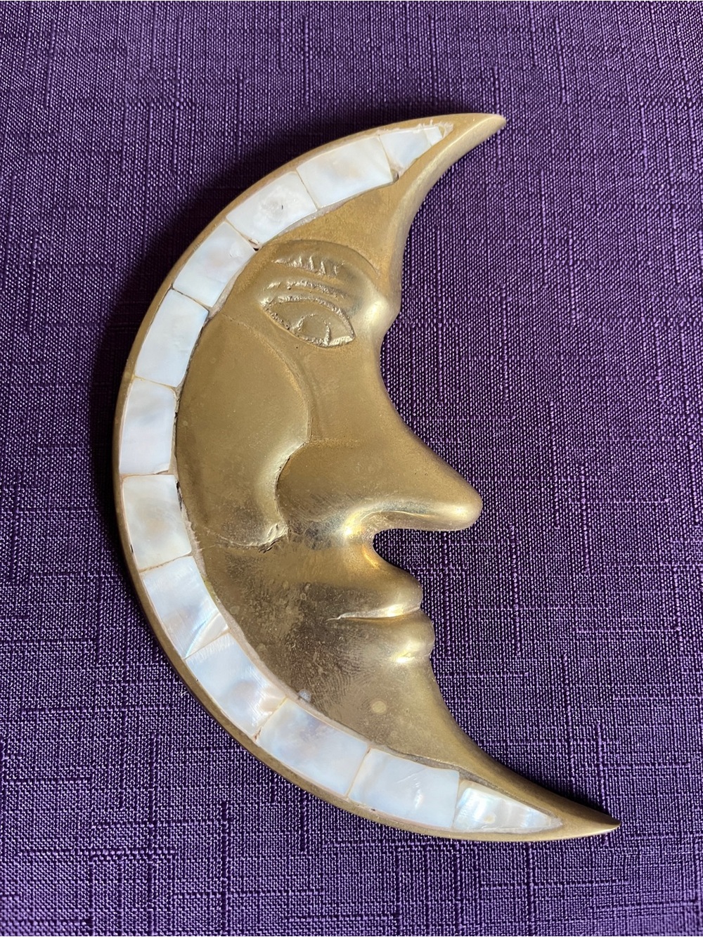 Vintage Brass Crescent Moon Face Wall Plaque with Mother of Pearl Inlay 6" Rare
